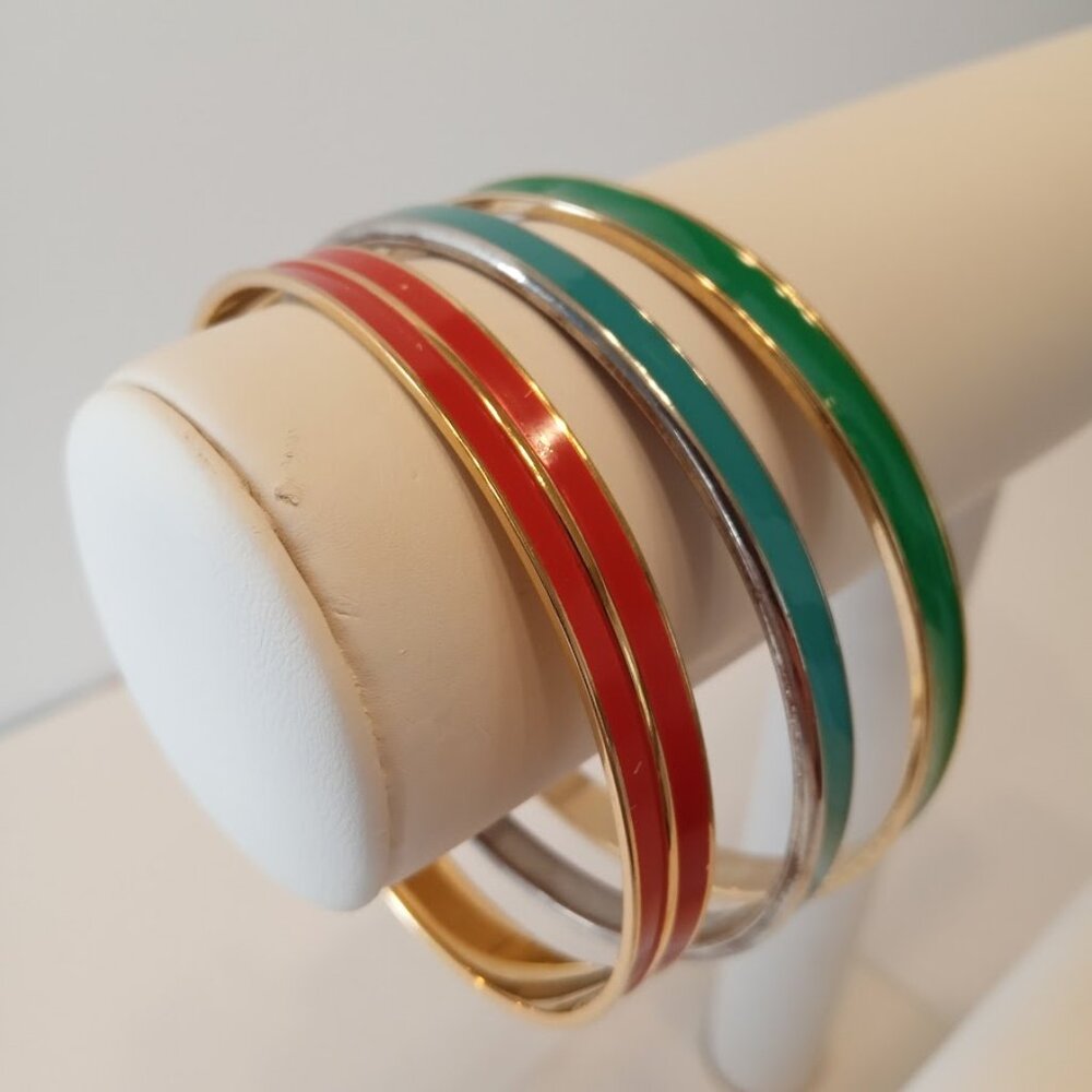 3 Baked Enamel Silver Tone/Gold Tone Blue Green Red Bangle Bracelets Heavy Type